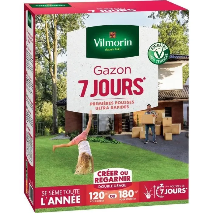 Vilmorin Graines de gazon 7 jours 3kg 120-180m²
