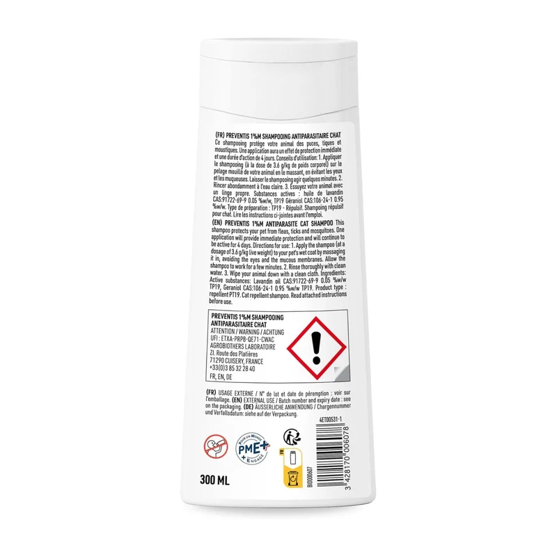 Shampoing Anti-Puces Tiques et Moustiques Répulsif Chat 300ml