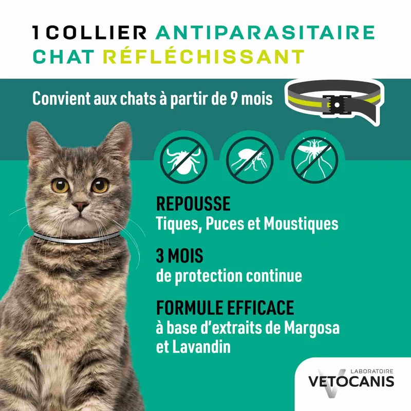 Collier Anti-puces Tiques et Moustiques Réfléchissant Répulsif Chat