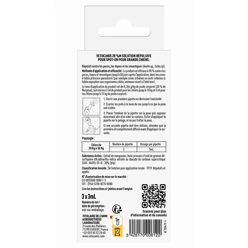 VETOCANIS 20%M Solution répulsive pour spot-on pour chiens