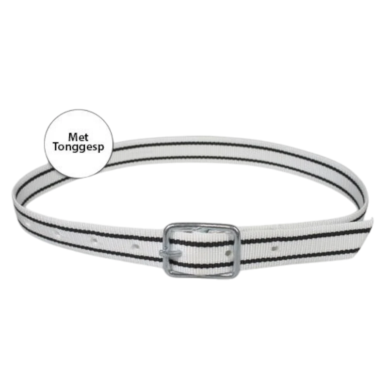 Koehalsband wit zwart met tonggesp 120 cm