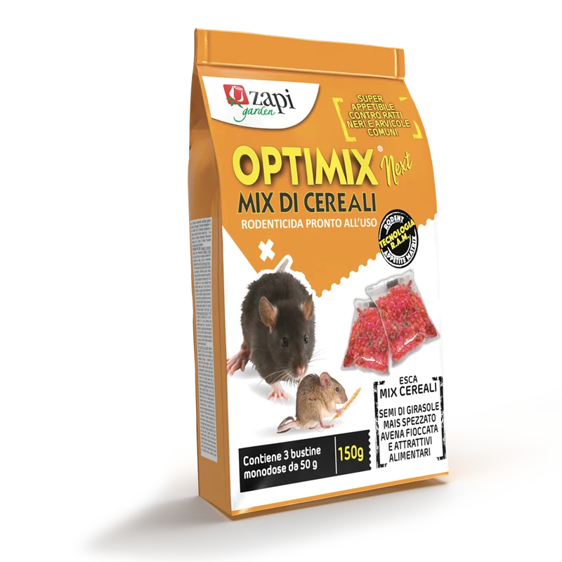 Esca rodenticida in cereali per topi e ratti Zapi Optimix Next busta 150 g