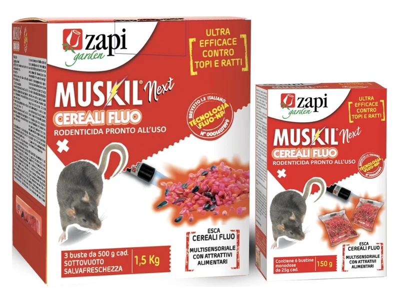 Esca rodenticida in cereali per topi e ratti Zapi Muskil Next Cereali Fluo 150 g
