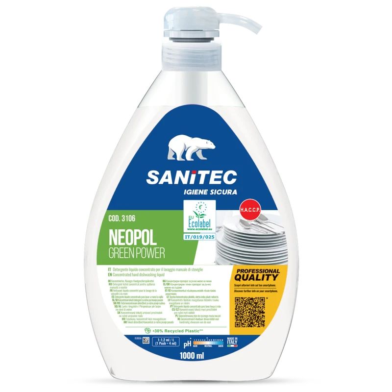 Detergente Ecolabel per lavaggio manuale stoviglie Sanitec Neopol Green Power 1 litro DISPONIBILE IN 7 GIORNI LAVORATIVI
