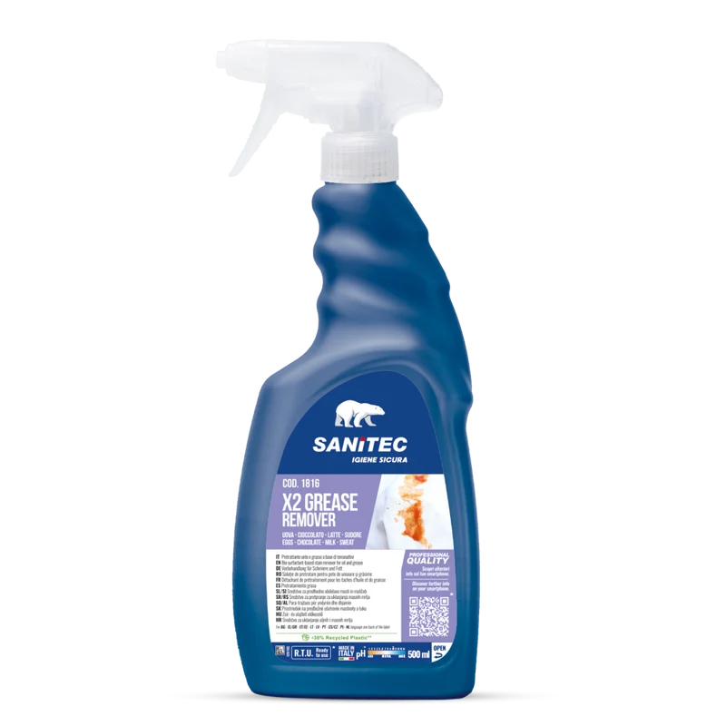 Pretrattante enzimatico per macchie di grasso Sanitec X2 Grease Remover 6x500 ml DISPONIBILE IN 7 GIORNI LAVORATIVI