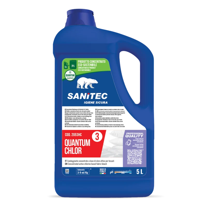 Candeggiante al cloro per lavanderia Sanitec Quantum Chlor 5 litri DISPONIBILE IN 7 GIORNI LAVORATIVI