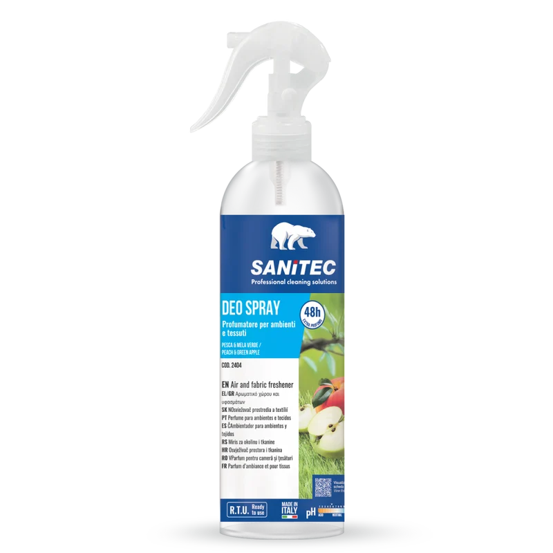 Profumatore spray per ambienti e tessuti Sanitec Deo Spray Pesca & Mela Verde 300 ml DISPONIBILE IN 7 GIORNI LAVORATIVI