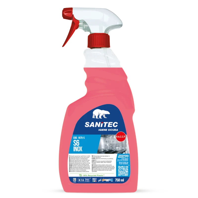 Sgrassatore per superfici in acciaio Sanitec S6 Inox 6x750 ml DISPONIBILE IN 7 GIORNI LAVORATIVI