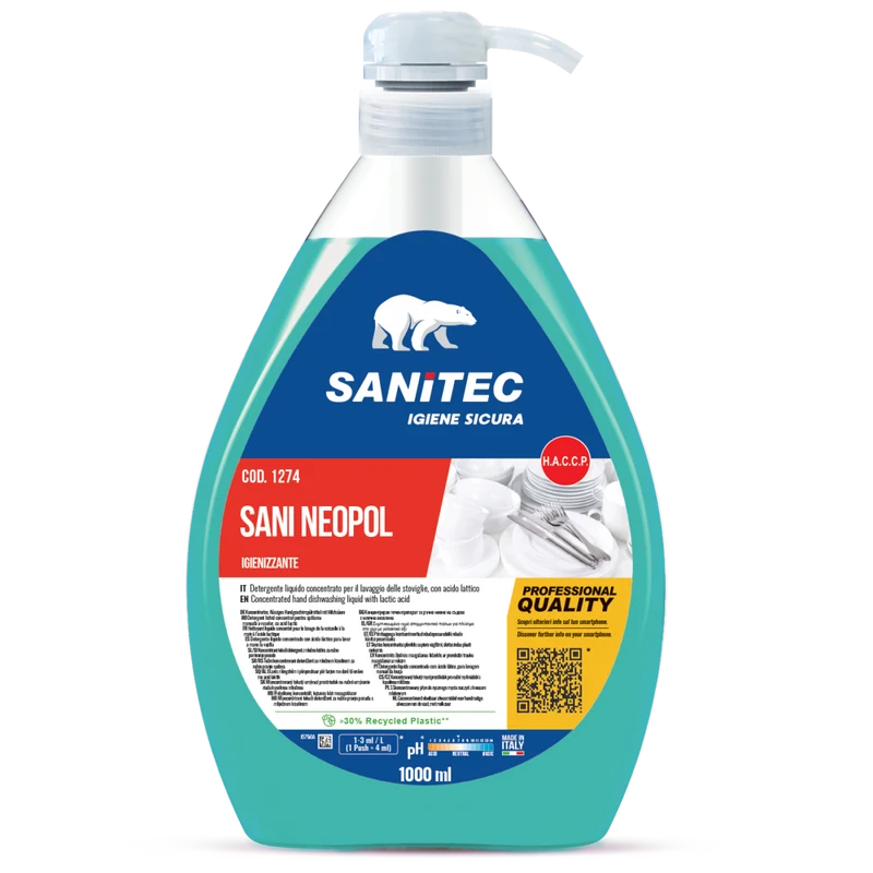 Detergente igienizzante per lavaggio manuale stoviglie Sanitec Sani Neopol 1 litro DISPONIBILE IN 7 GIORNI LAVORATIVI