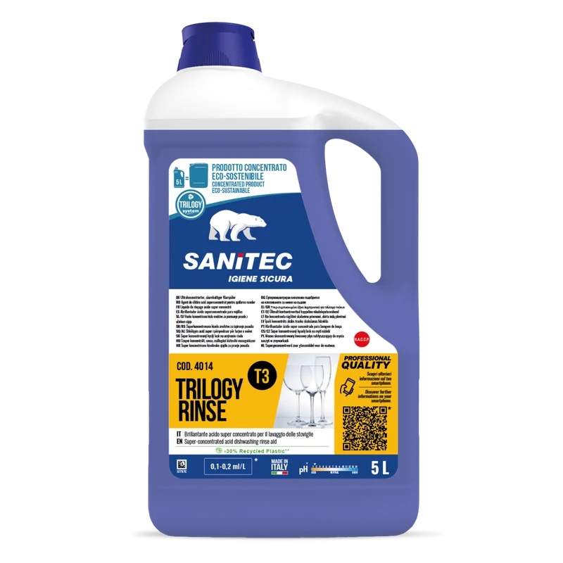 Brillantante acido concentrato per lavastoviglie Sanitec Trilogy Rinse T3 5 litri DISPONIBILE IN 7 GIORNI LAVORATIVI