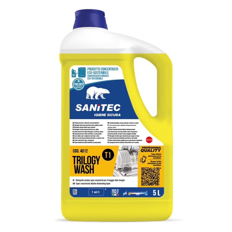 Detergente alcalino concentrato per lavastoviglie Sanitec Trilogy Wash T1 5 litri DISPONIBILE IN 7 GIORNI LAVORATIVI