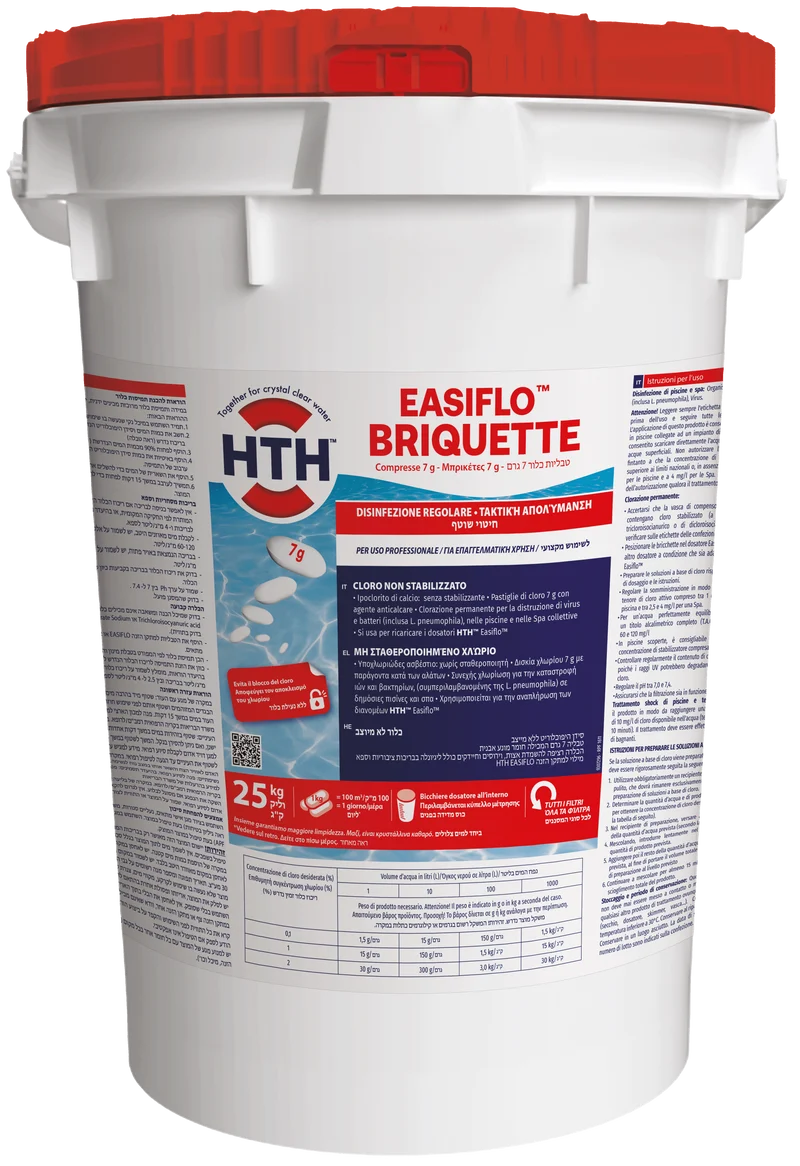 Cloro non stabilizzato in pastiglie 7 g Diversey HTH EASIFLO BRIQUETTES 25 kg DISPONIBILE IN 7 GIORNI LAVORATIVI