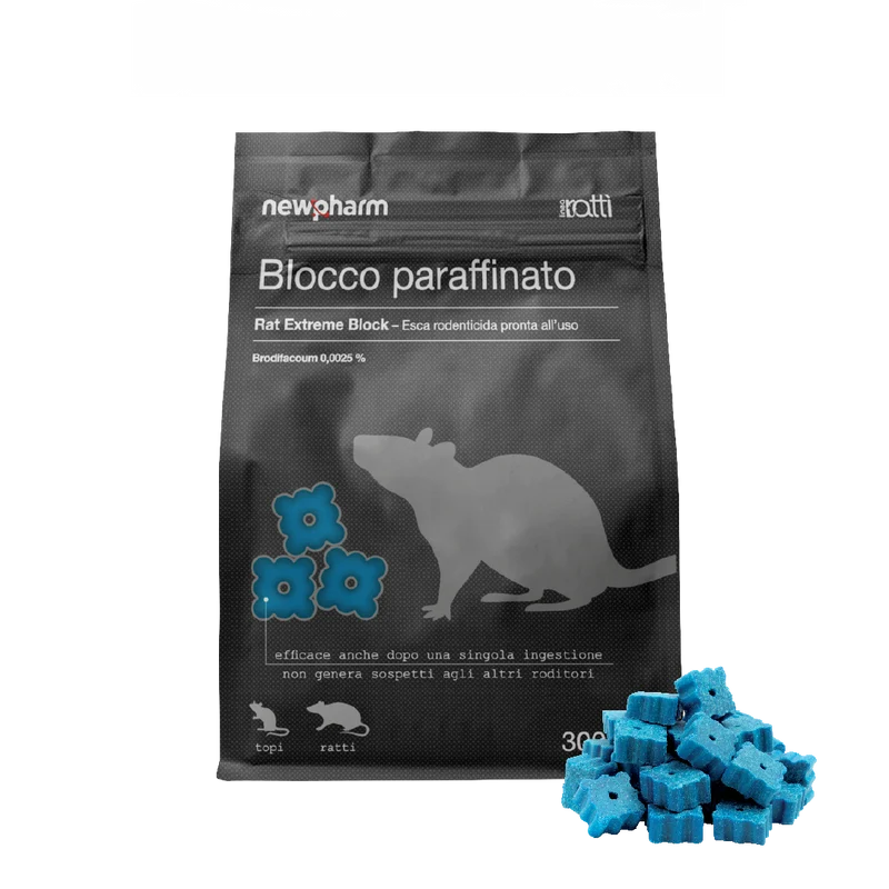 Esca rodenticida derattizzante per topi e ratti Newpharm Blocco Paraffinato 300 gr