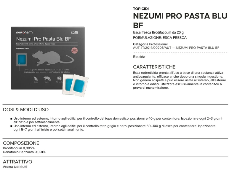 Esca rodenticida derattizzante per topi e ratti Nezumi Pro Pasta Blu 1,5 kg