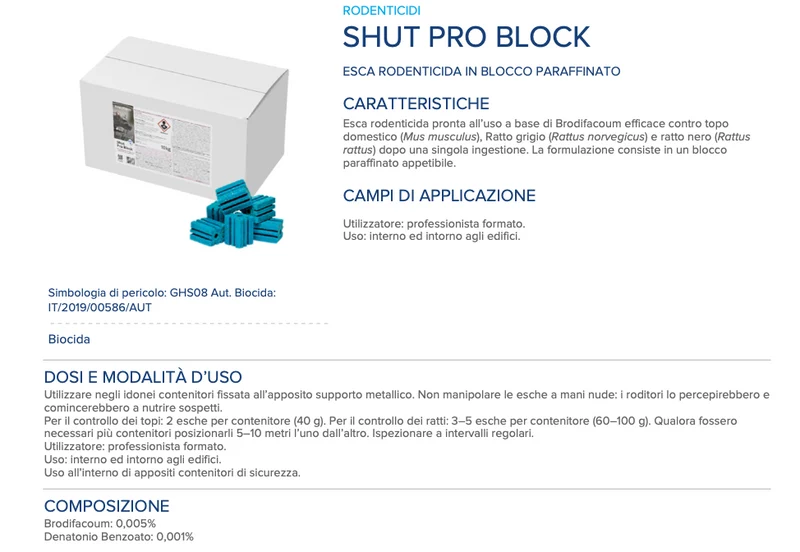 Esca rodenticida derattizzante per topi e ratti Shut Pro Block 10 kg
