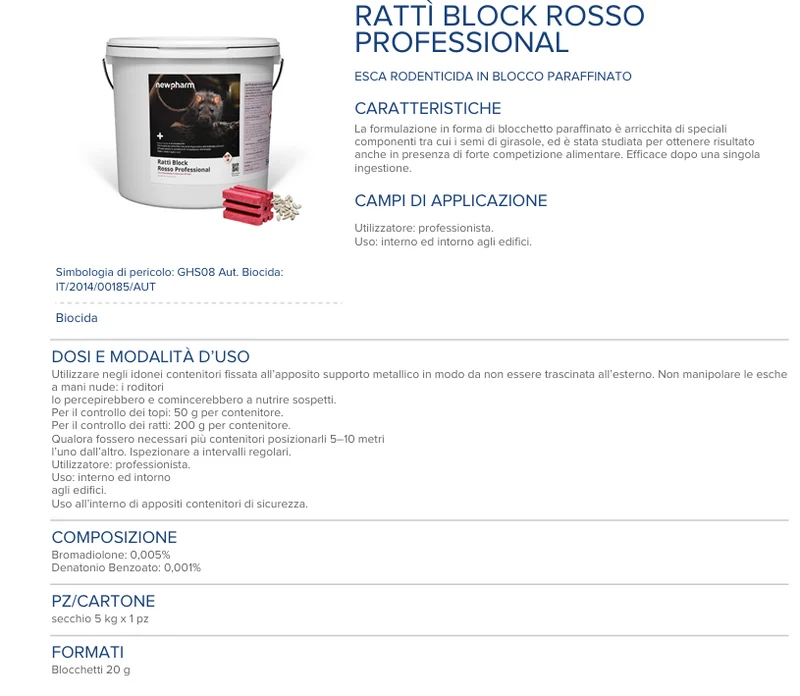 Esca rodenticida derattizzante per topi e ratti Rattì Block Rosso 5 kg