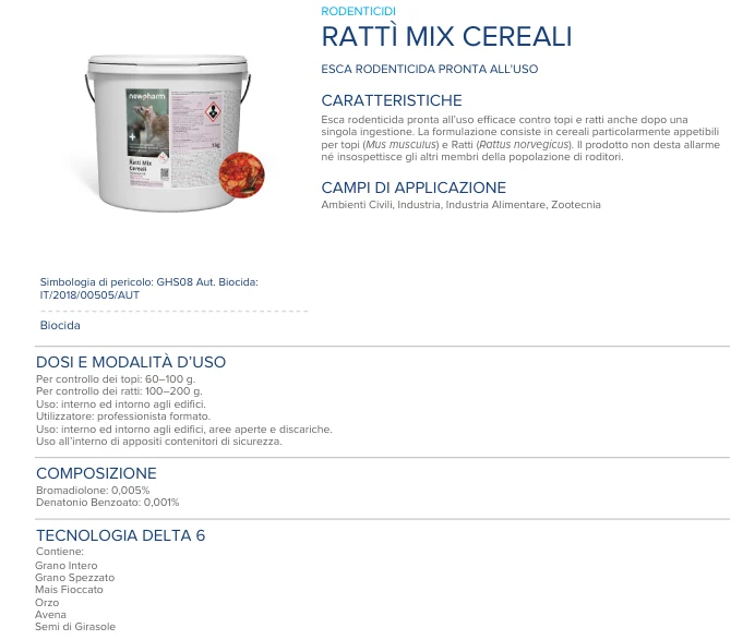 Esca rodenticida derattizzante per topi e ratti Rattì Mix Cereali 10 kg