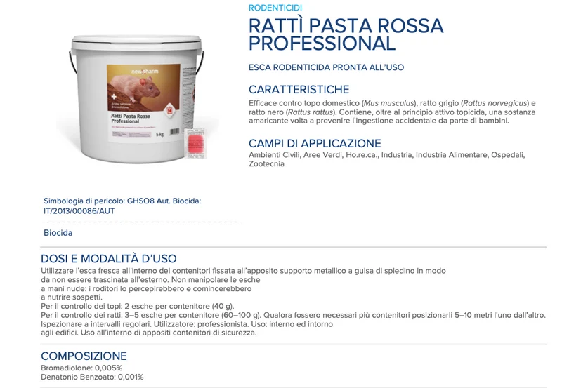 Esca rodenticida derattizzante per topi e ratti Ratti Pasta Rossa 5 kg