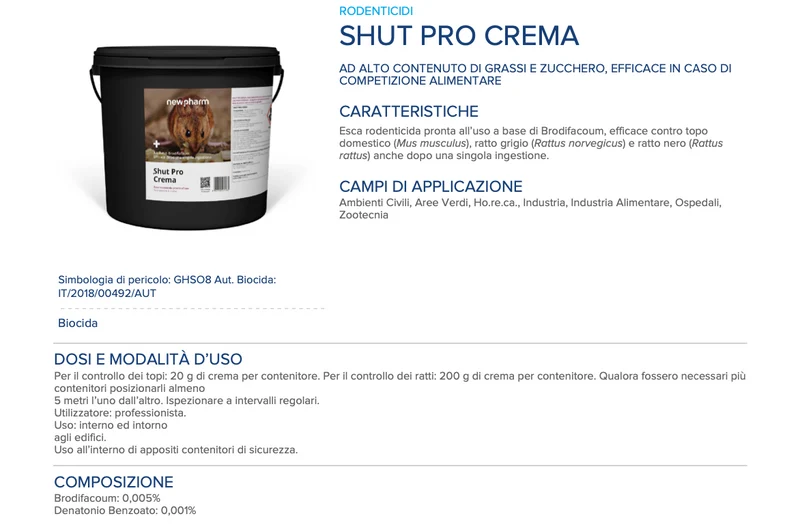 Esca rodenticida per topi e ratti Newpharm Shut Pro Crema 5 kg