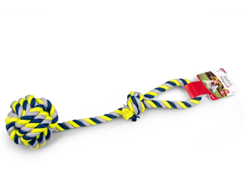 Cordon coton + anse + boule Ø 10,5cm bleu-jaune 54cm