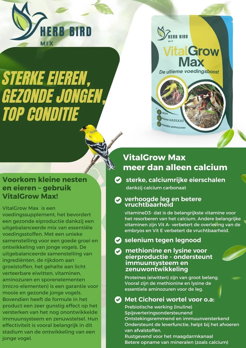 VitalGrow Max 500 grammes - Calcium, vitamines et acides aminés essentiels - Mélange d'herbes pour oiseaux