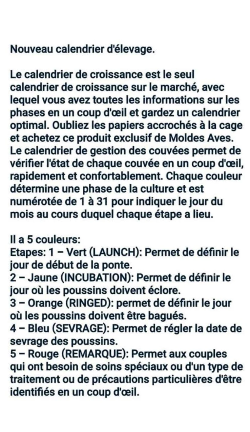 Le calendrier d'élevage - Moldes Ave
