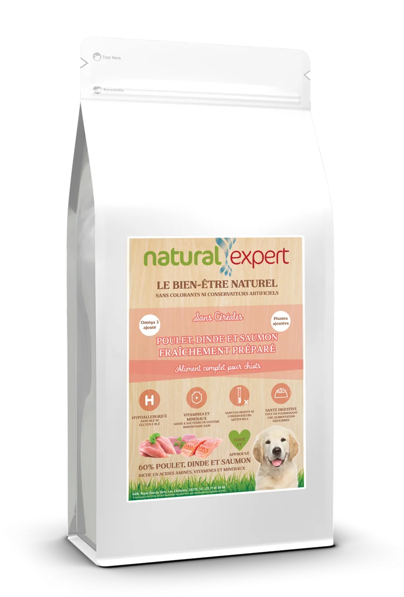 Croquettes NATURELLES Chiots race moyenne 60% Poulet, Dinde et Saumon