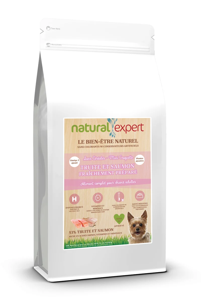 Croquettes NATURELLES Chien petite race 53% Truite & Saumon