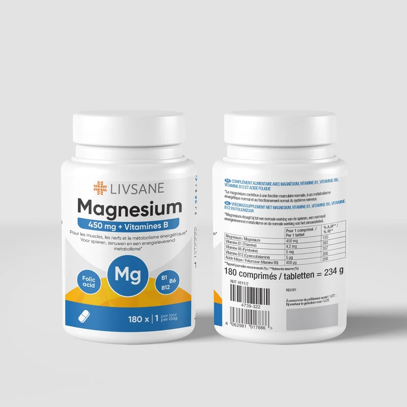 LIVSANE Magnesium 450mg + Vit B | 2x180 tabletten | Energie & spieren