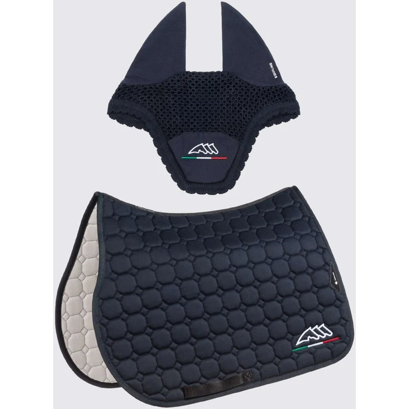 Equiline Tapis de Selle et Bonnet Anti-Mouches de Saut Octagon Eqflaggy Marine