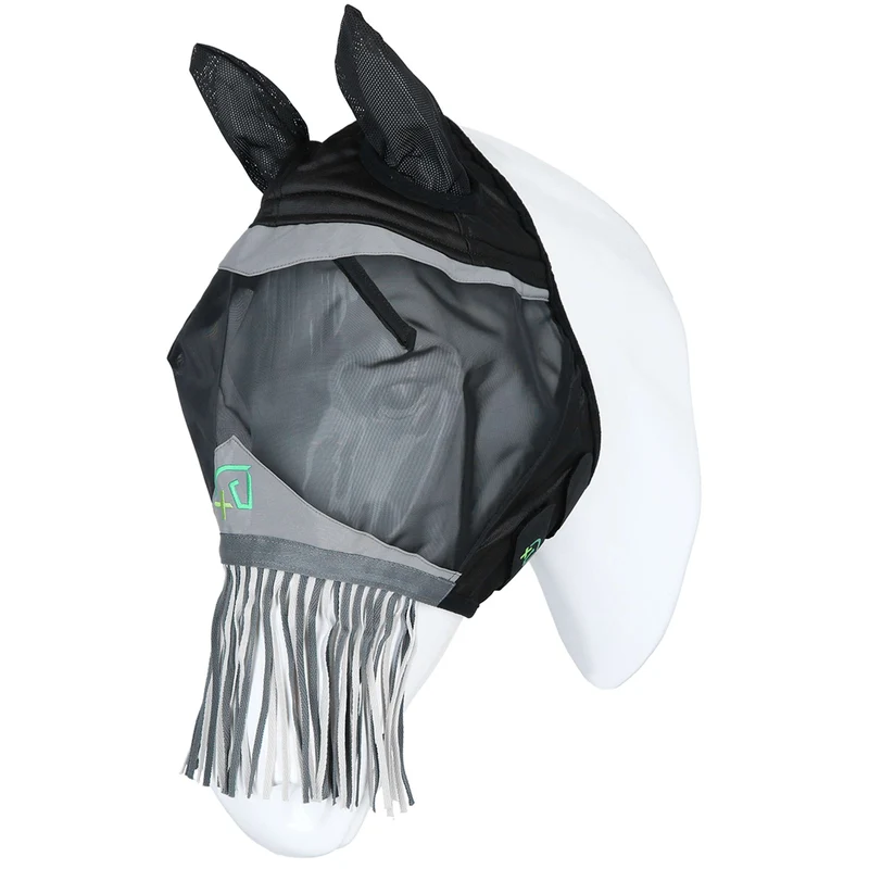 Agradi Horse Masque Anti-Mouches Fine Mesh avec Oreilles et Franges Noir