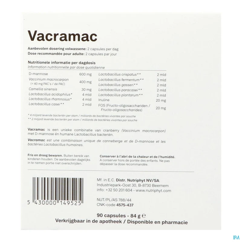 Nutriphyt Vacramac 90 Caps - Krachtige Ondersteuning voor Urinewegen met Cranberry, D-mannose en Probiotica