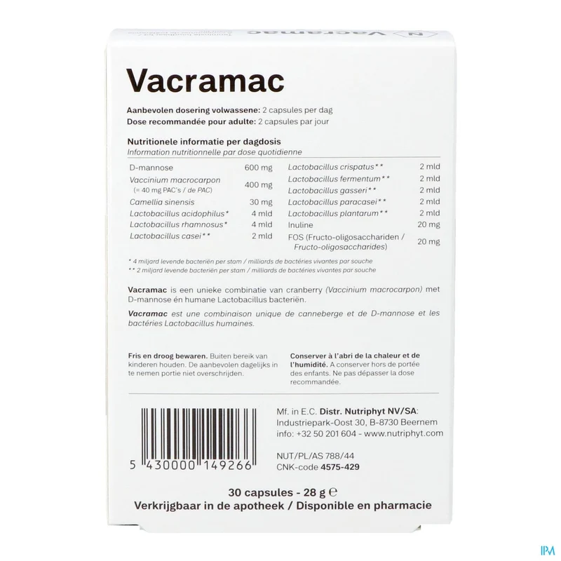Nutriphyt Vacramac 30 Caps - Krachtige Ondersteuning Urinewegen met D-mannose en Cranberry