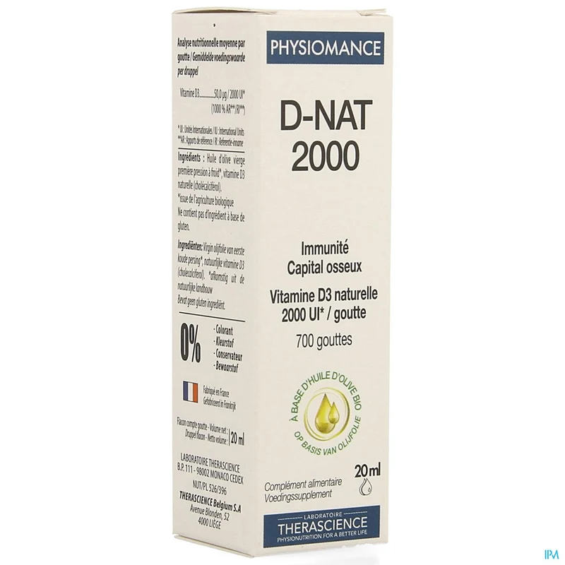 Physiomance D-nat 2000 Vitamine D3 Druppels | Hoge Dosering 2000 IE | Natuurlijk & Geconcentreerd