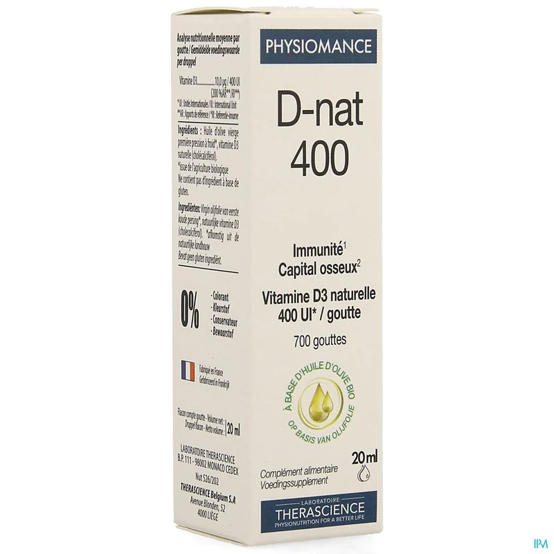 Physiomance D-nat 400 Vitamine D3 Druppels - Immuunsysteem & Sterke Botten - 20ml