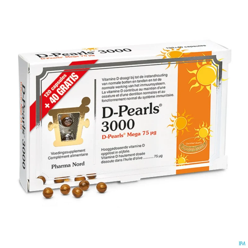 D-pearls 3000 | 160 Vitamine D3 capsules (75 μg) | Voedingssupplement